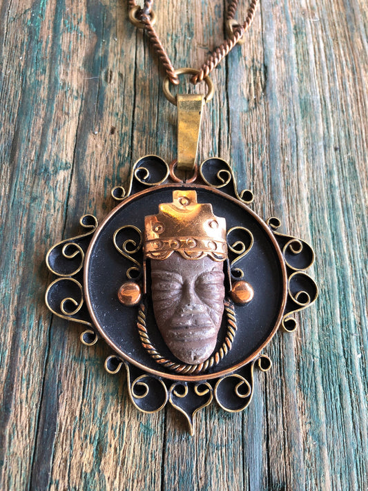 Mexican copper and brass chain necklace with Jasper stone face pendant