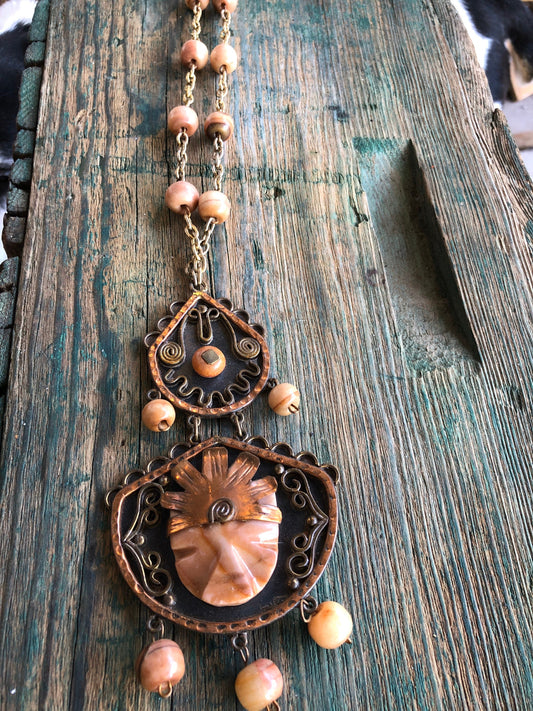 Copper & Brass Tribal Orange Agate gemstone face Necklace