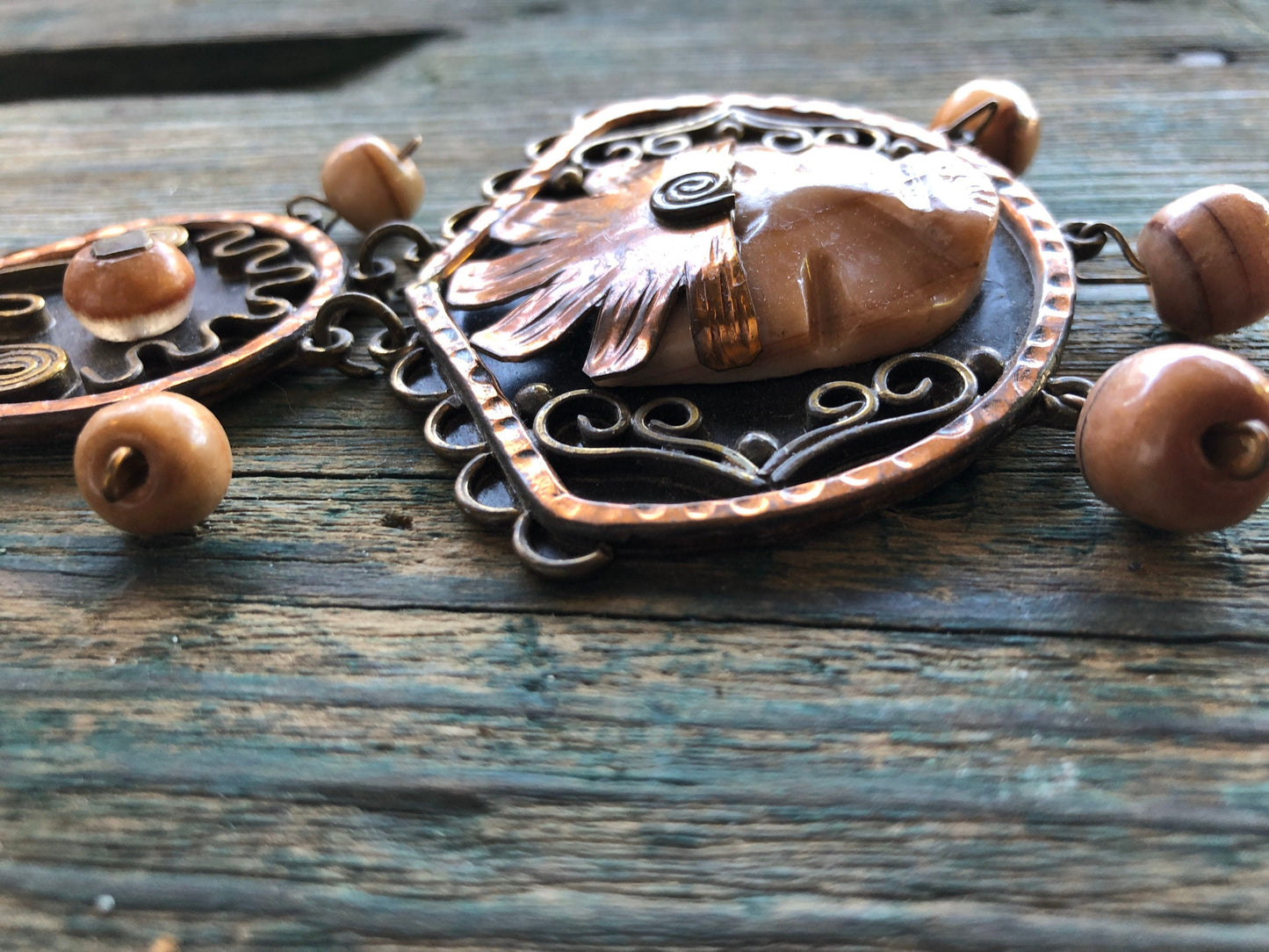 Copper & Brass Tribal Orange Agate gemstone face Necklace