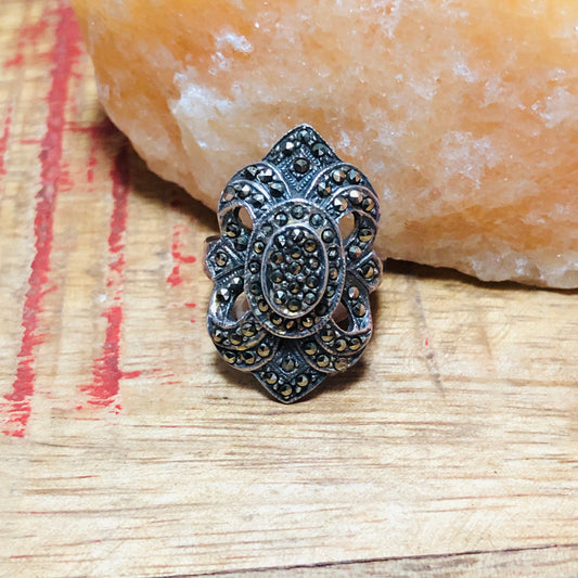 Sterling Silver & Marcasite Art Deco Flourish Opulent Ring