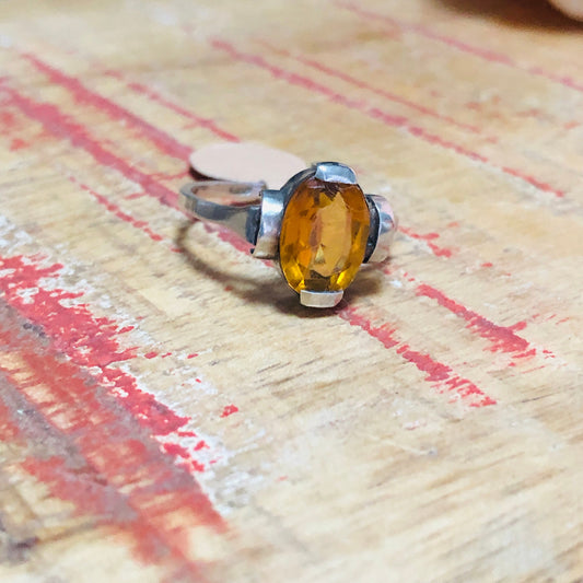 Art Deco Sterling Silver Citrine Geometric Cast Square print Set Ring