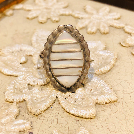 Vintage Zuni Native American Sterling Silver & Mother of Pearl with silver inlay Diamond Shaped Ring