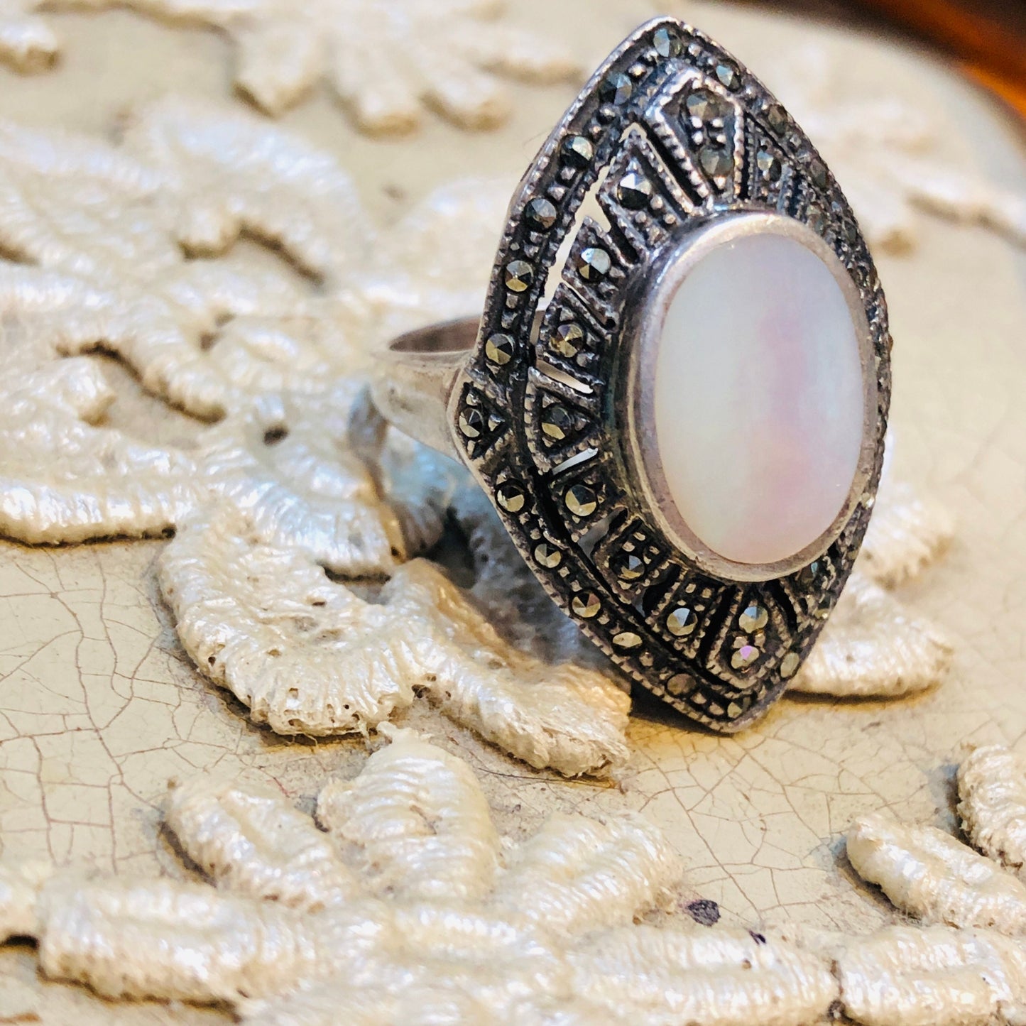 Art Deco Mother of Pearl Sterling Silver & Marcasite Ring