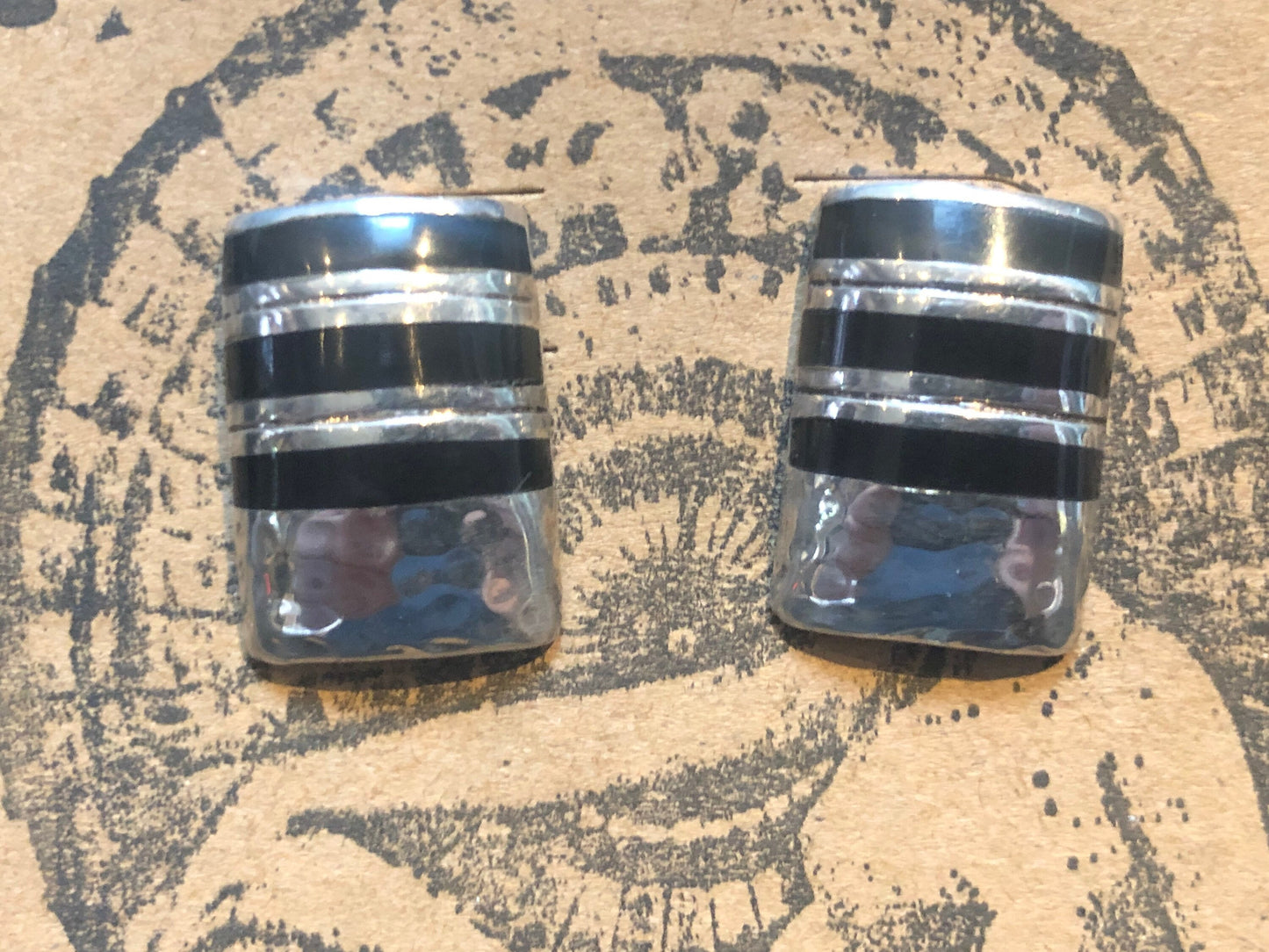Sterling Silver Onyx Hammered Texture Mexican Taxco Stripe Post Earrings