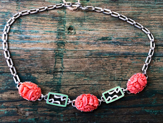 Art Nouveau Sterling Silver Molded Pink Coral Flower Art Glass & Green Enamel Square Chain Necklace