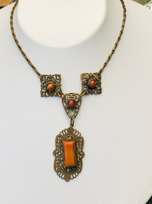 Art Nouveau Marbled Burnt Orange Citrine Art Glass Brass Filigree Necklace