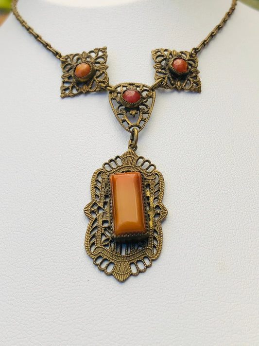 Art Nouveau Marbled Burnt Orange Citrine Art Glass Brass Filigree Necklace