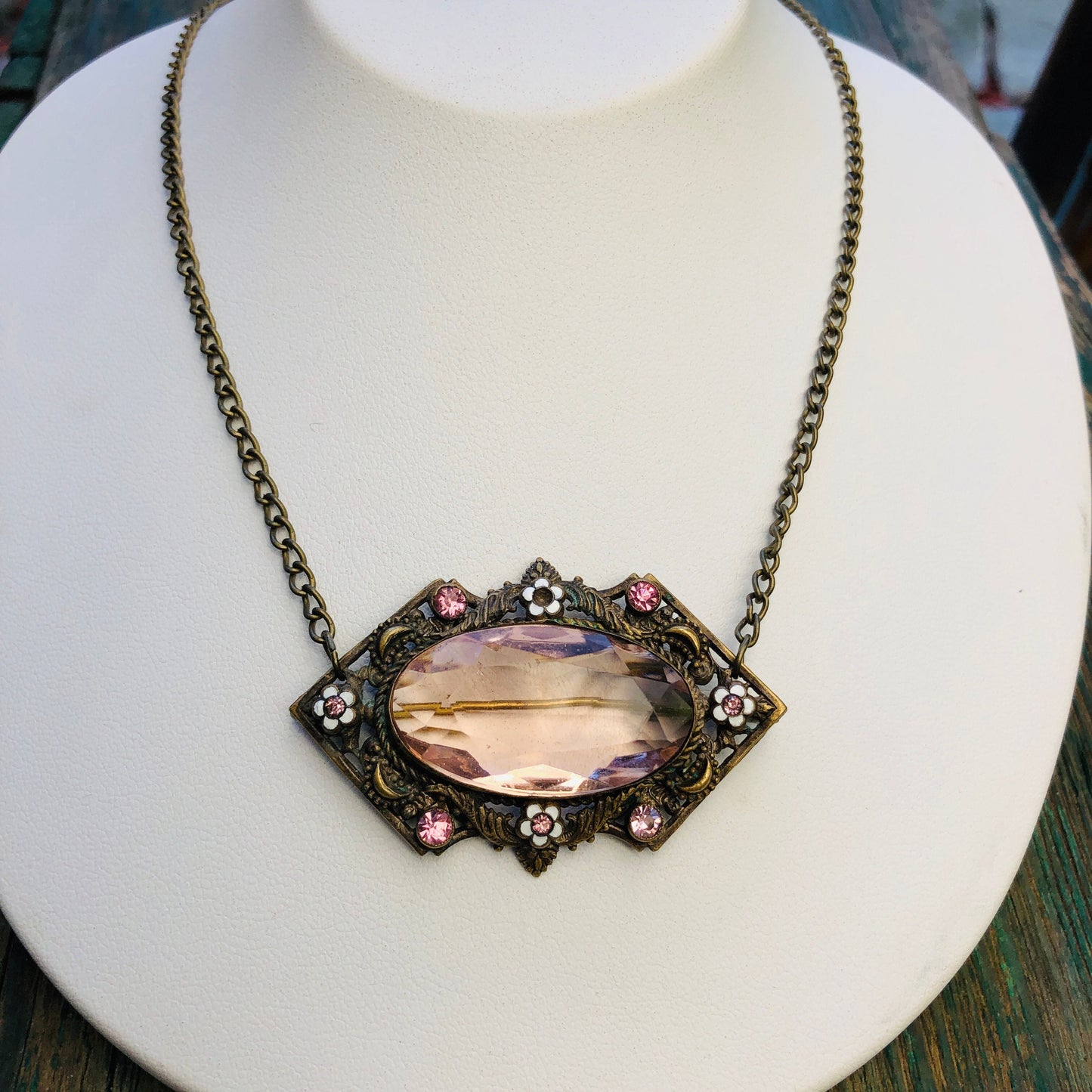 Czechoslovakian Brass Enamel & Pink Faceted Art Glass Brooch / Necklace Pendant