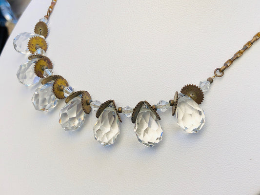Antique Victorian Faceted Quartz Briolette Drop Festoon Necklace on Gilt Chain with Sawblades