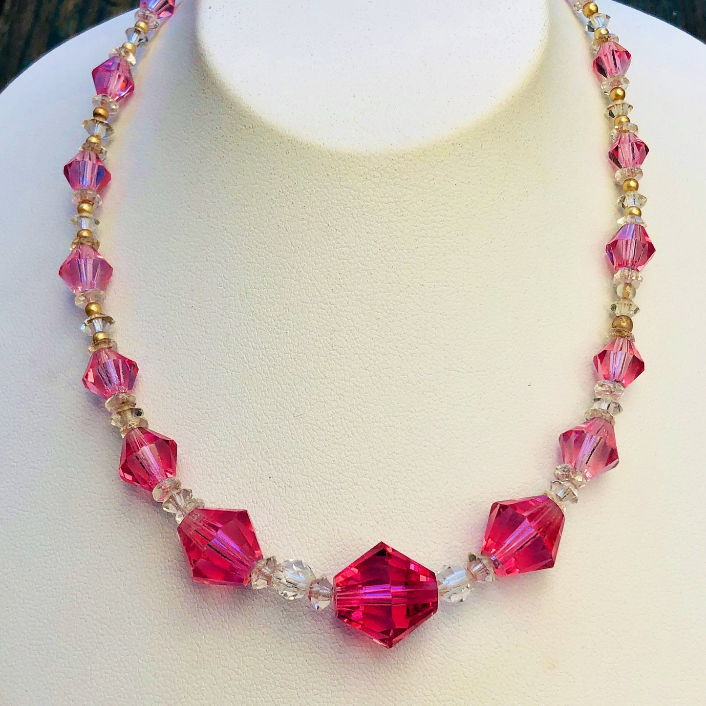 Art Deco Vintage Czechoslovakian Sterling Silver & Faceted Pink Crystal Necklace: SIGNED