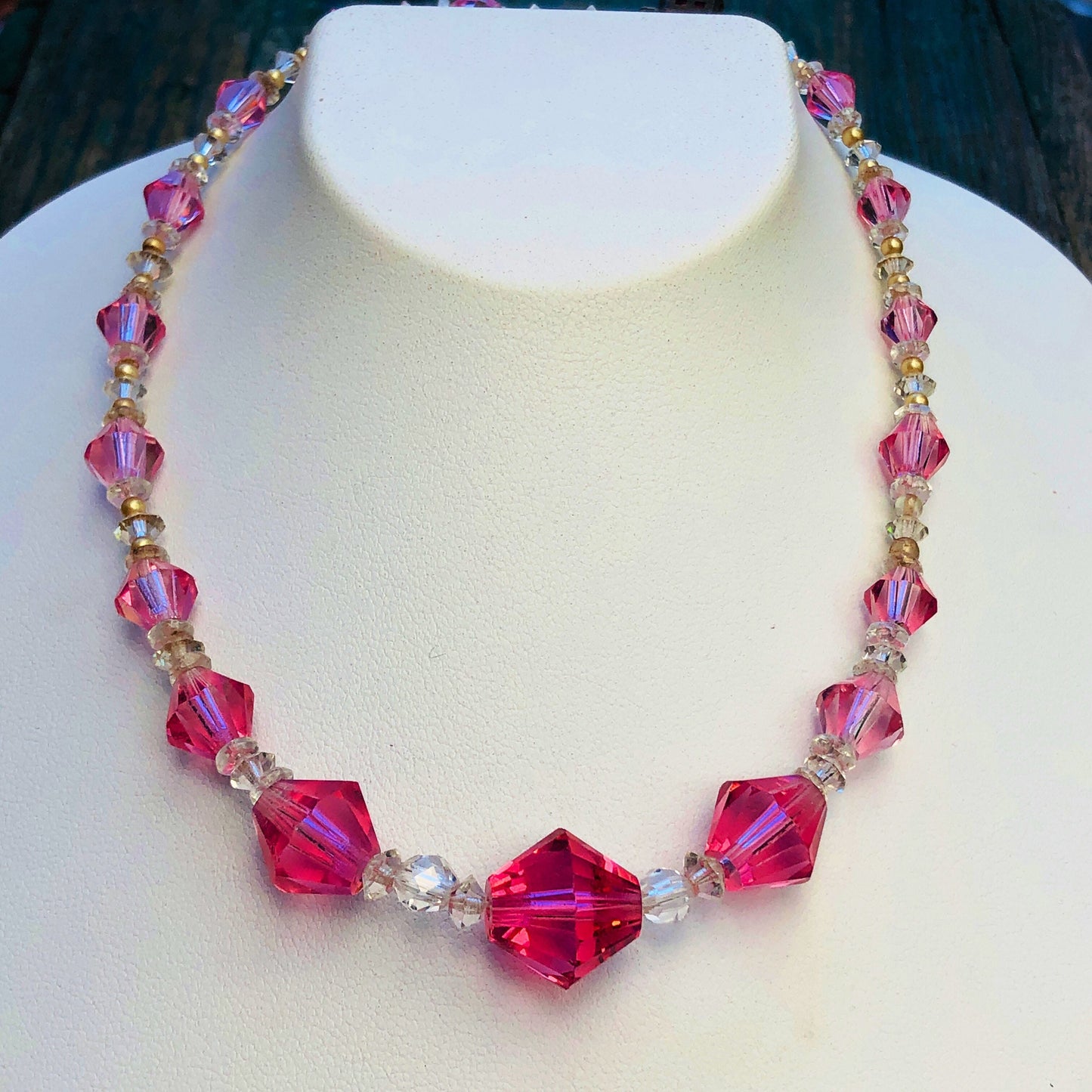 Art Deco Vintage Czechoslovakian Sterling Silver & Faceted Pink Crystal Necklace: SIGNED