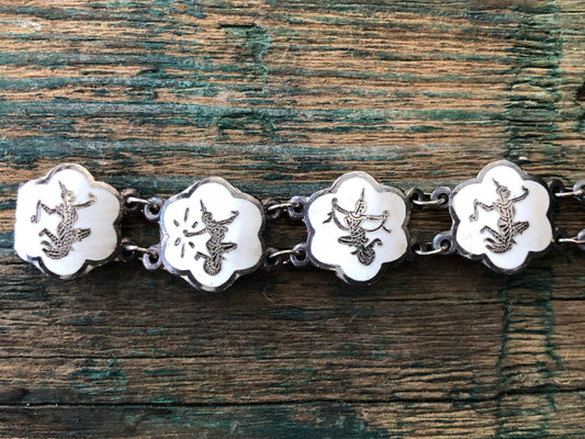 Antique 1930 Siam Sterling Silver White Enamel Nielloware Hindu Gods & Goddess Link Bracelet