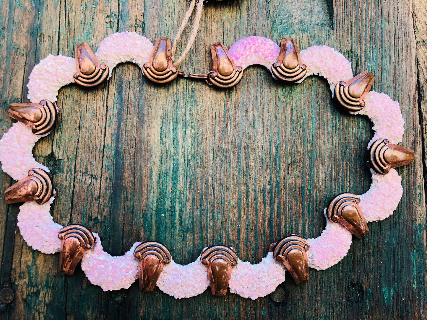 Vintage Copper Renoir Signed Textured Pink Glass Enamel Confetti Necklace