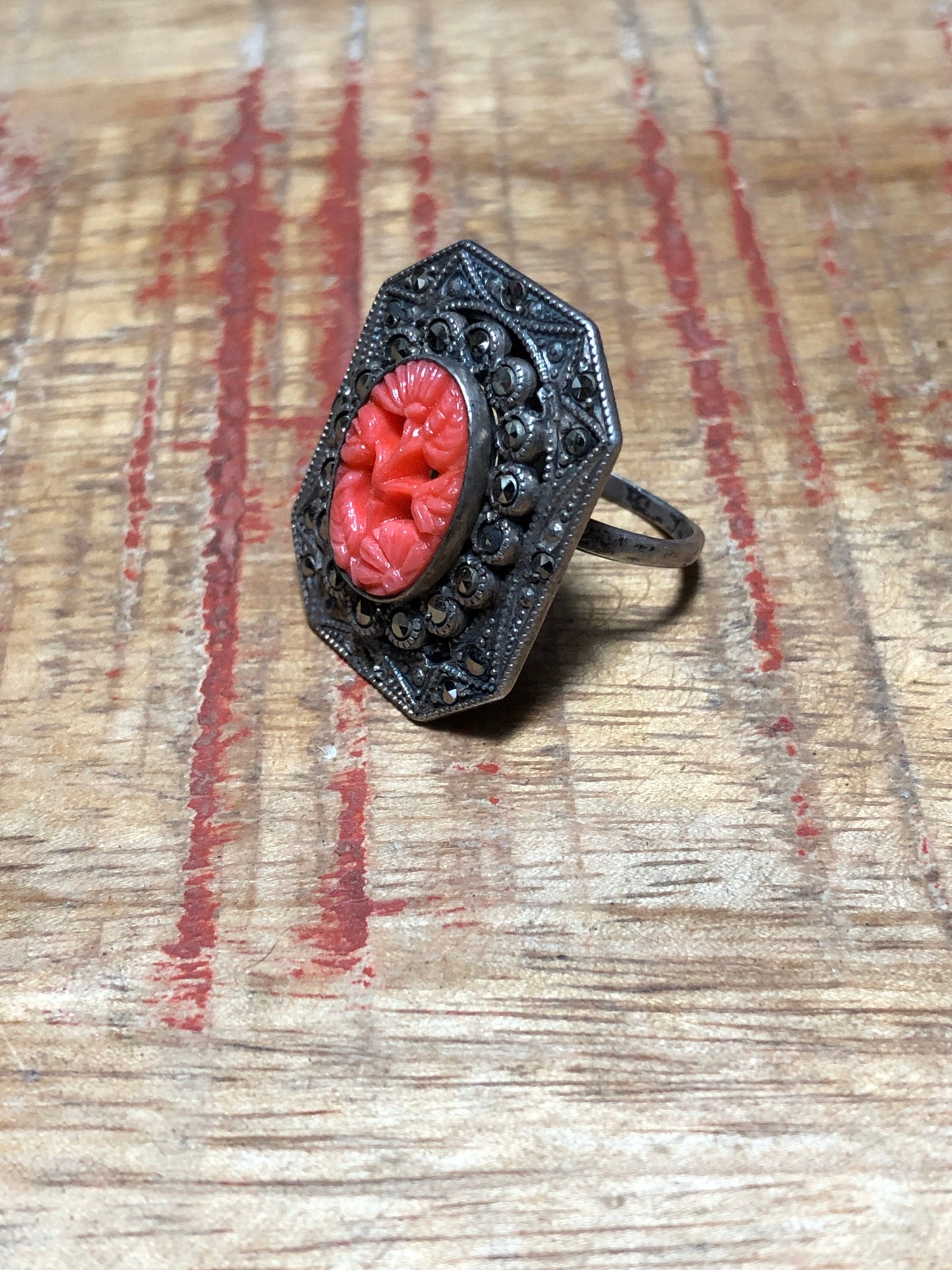 Art Deco Sterling & Marcasite Red Coral Art Glass Ring