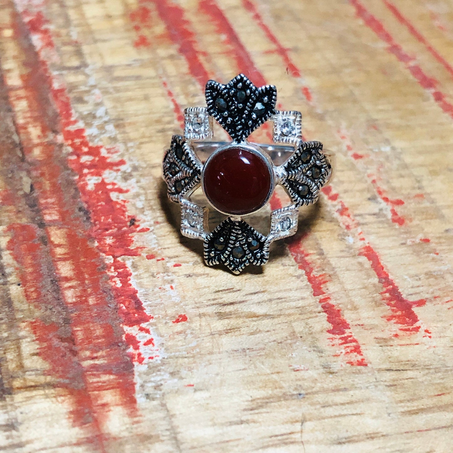 Sterling Silver Art Deco Ruby & Topaz Marcasite Ring