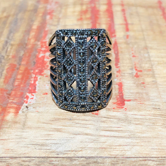 Unique Sterling Silver & Marcasite Long Art Deco Square Ring