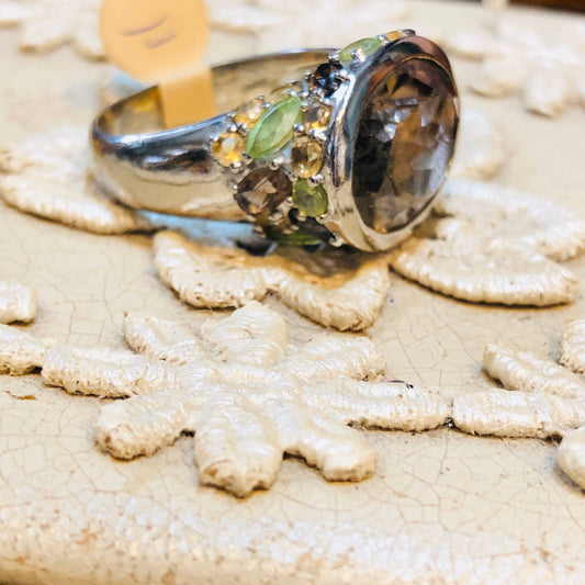 Incredible Unique Sterling Smokey Tooaz, Peridot, Citrine Ring with Taupe Animal Print Enamel