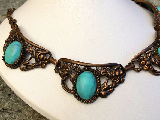 Vintage Renoir Cast Copper Link Marbled Celluloid Turquoise Panel Link Choker Necklace