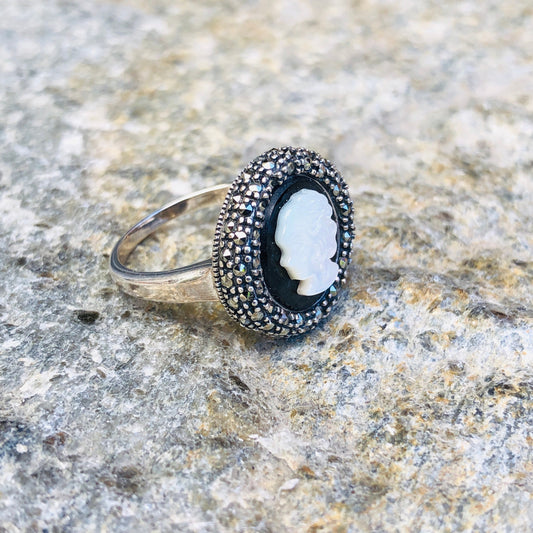 Vintage Sterling Silver Mother of Pearl Carved Cameo on Onyx Cabochon Surrounded by Marcasite Ring
