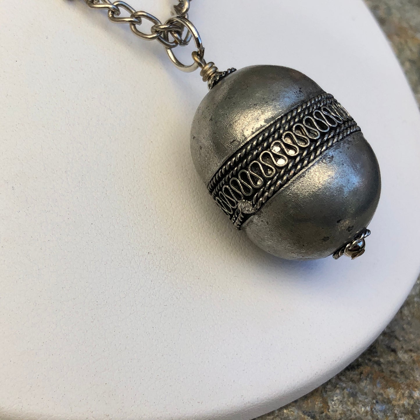 SALE Antique Czech Silver Pea Pod Pendant Necklace