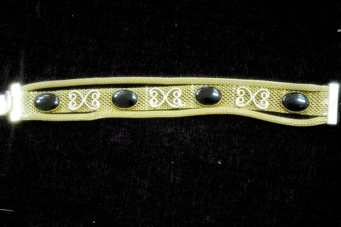 SALE Antique Victorian Gold Mesh, Filigree & Jet Black Onyx Cabochon Bracelet