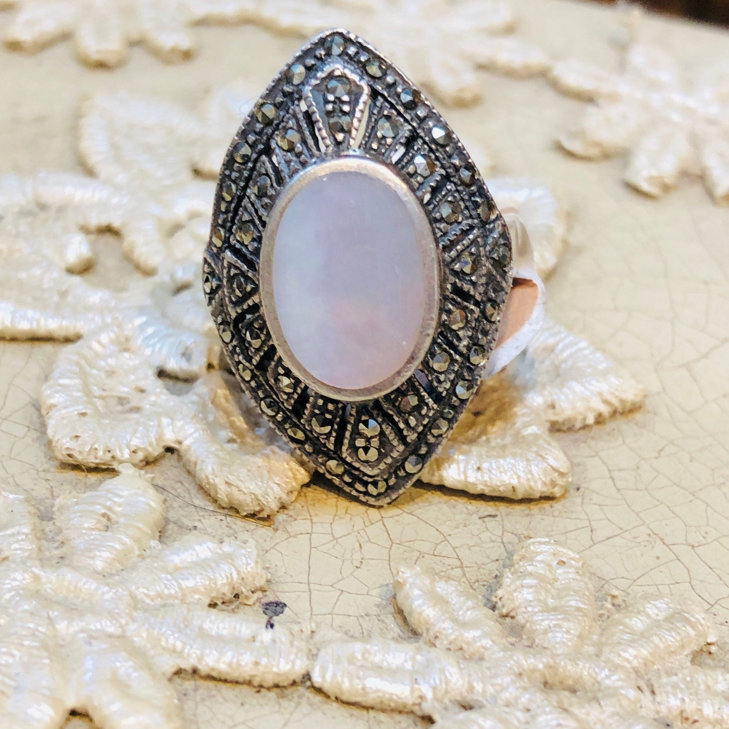 Art Deco Mother of Pearl Sterling Silver & Marcasite Ring