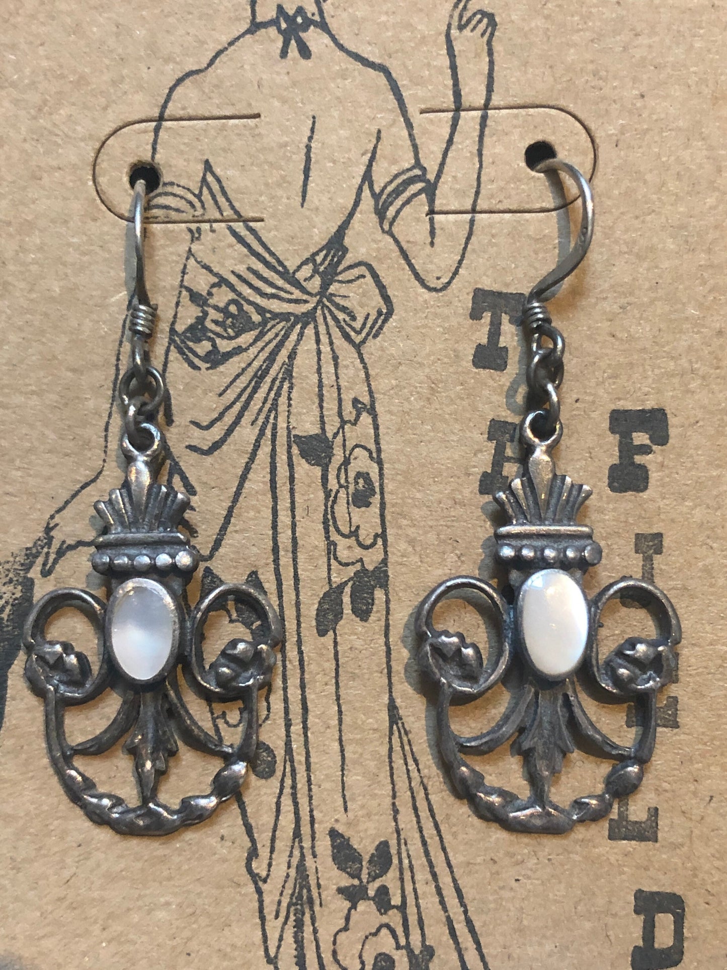 Ornate Art Nouveau Flourish Sterling Silver & Mother of Pearl Hook Pierced Dangle Earrings