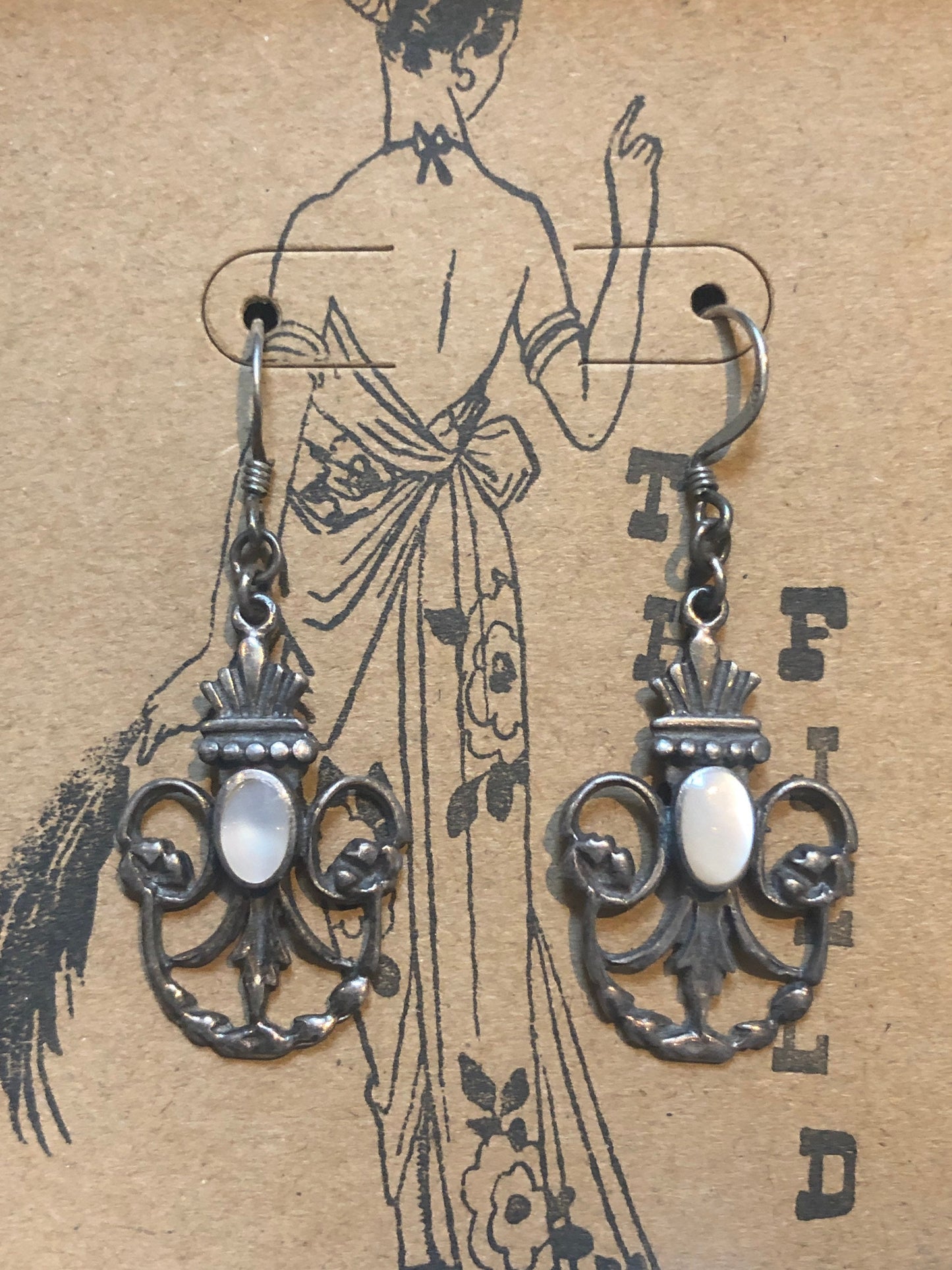 Ornate Art Nouveau Flourish Sterling Silver & Mother of Pearl Hook Pierced Dangle Earrings
