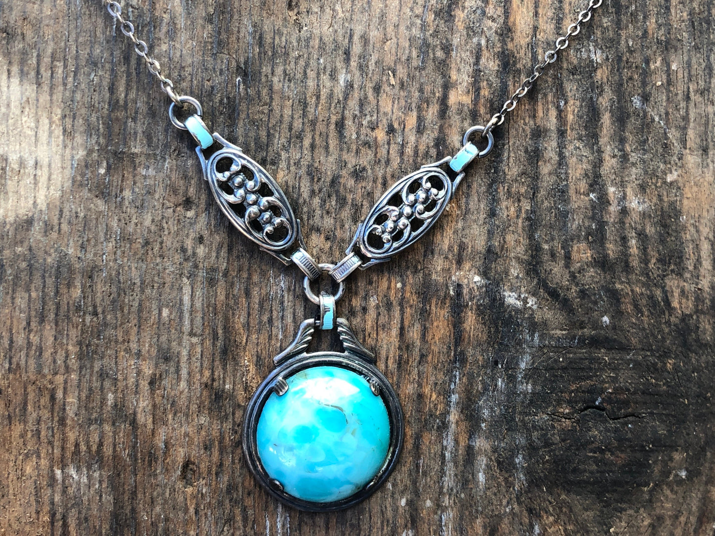 Art Nouveau Sterling Silver & Czech Art Glass Turquoise Larimar Drop Necklace with Blue Enamel.
