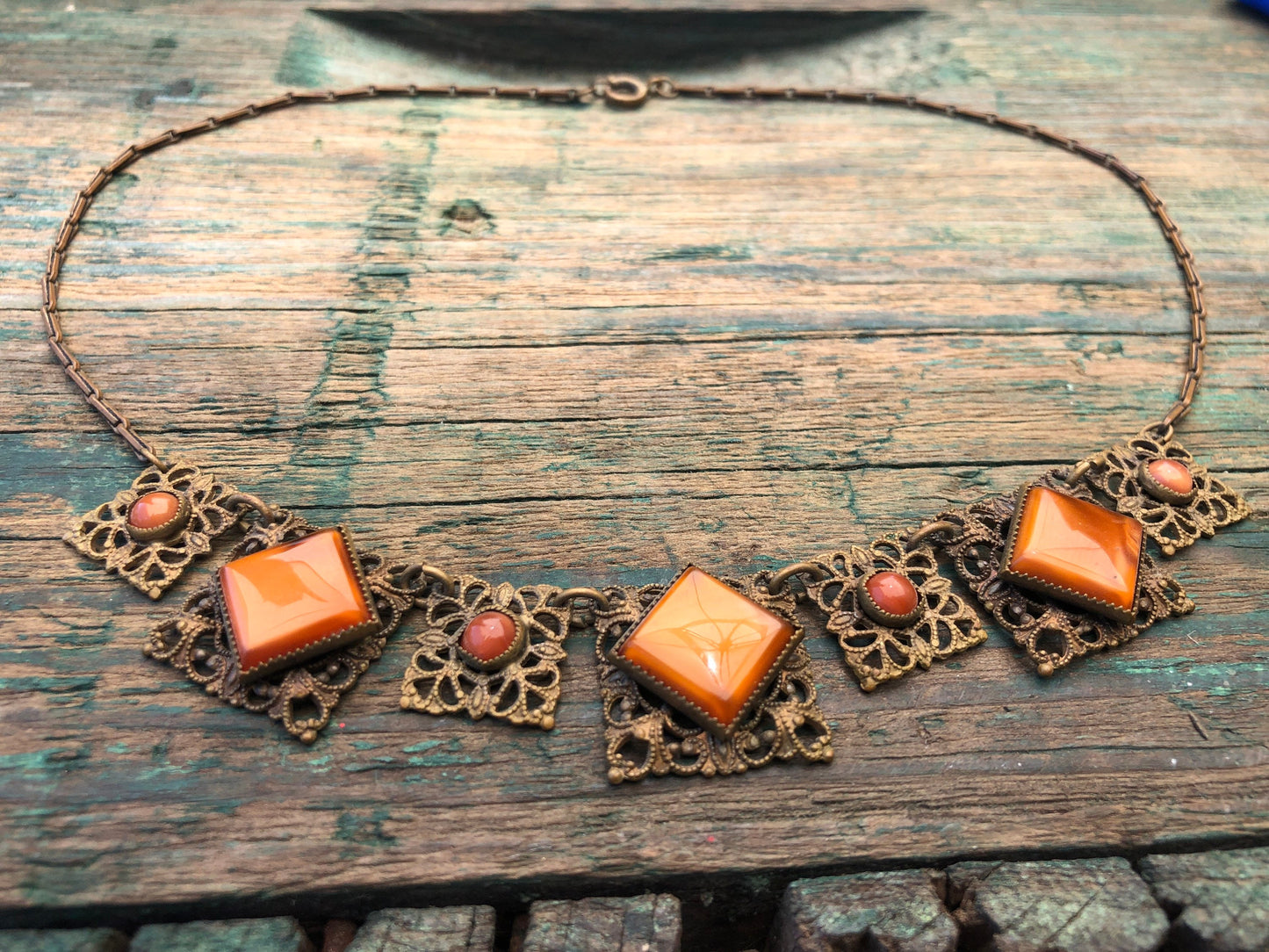 Antique Art Nouveau Czech Marbled Cat Eye Burnt Orange Art Glass Brass Filigree Necklace