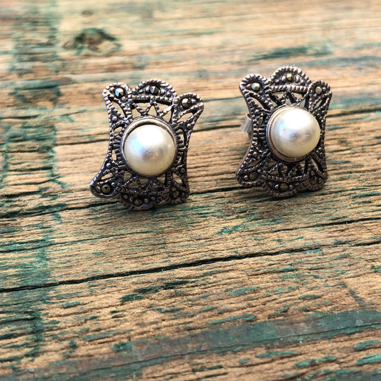 Sterling Silver & Marcasite Vintage Art Deco Pearl Stud Earrings