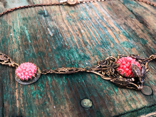 Art Nouveau Brass Filigree Molded Pink Coral Art Glass Necklace with Leaf Detail