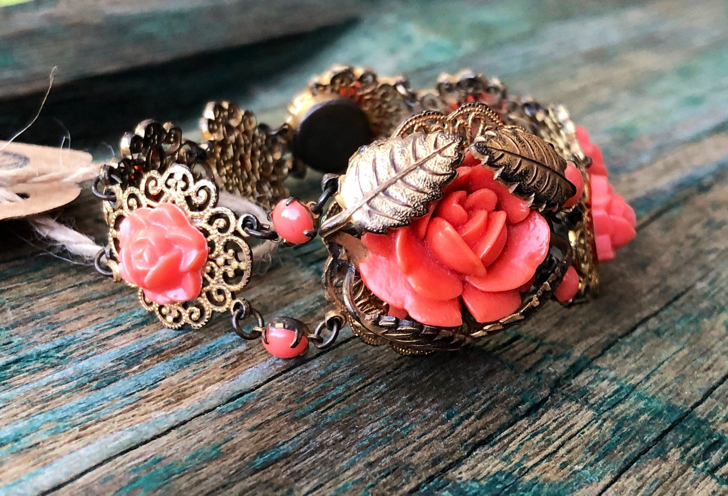 Art Nouveau Brass Leaf & Filigree Molded Pink Coral Celluloid Gilded Gold Link Bracelet