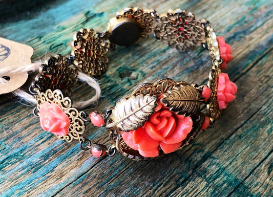 Art Nouveau Brass Leaf & Filigree Molded Pink Coral Celluloid Gilded Gold Link Bracelet