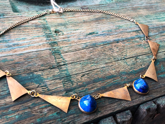 Antique Art Deco Gilded Brass Triangle Link Necklace with Bezel Set Blue & Black Marbled Czech Art Glass Cabochons