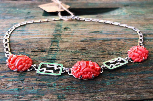 Art Nouveau Sterling Silver Molded Pink Coral Flower Art Glass & Green Enamel Square Chain Necklace