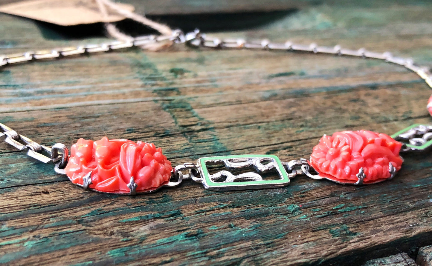 Art Nouveau Sterling Silver Molded Pink Coral Flower Art Glass & Green Enamel Square Chain Necklace