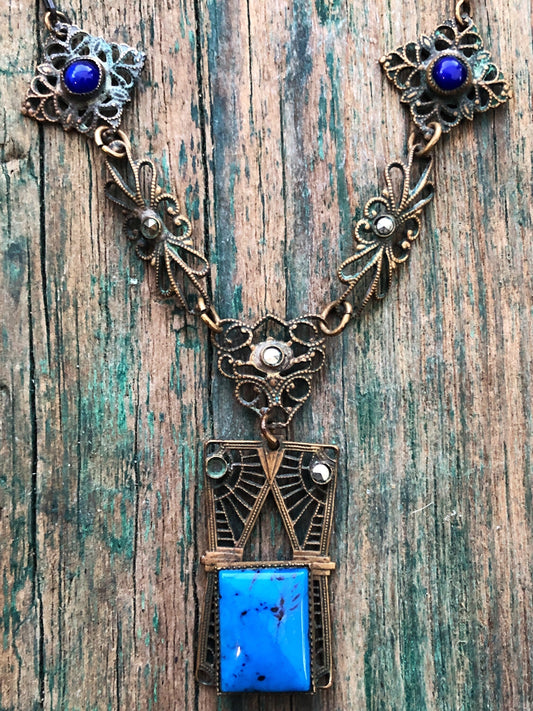 Gorgeous Antique Brass Czech Victorian Filigree Necklace Bezel Set Blue Lapis Turquoise Art Glass & Marcasite Cut Steel Stones