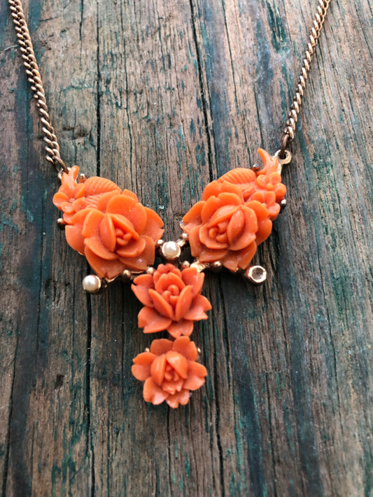 Molded Celluloid Japan Coral Flower Seed Pearl Gold Necklace