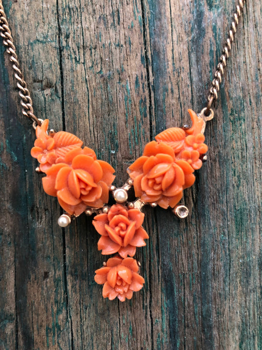 Molded Celluloid Japan Coral Flower Seed Pearl Gold Necklace