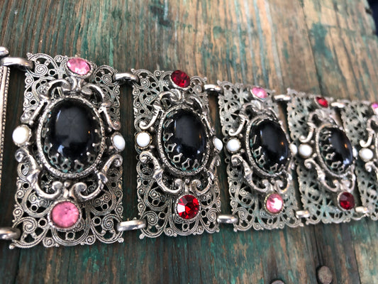 Selro Selini Silver Filigree, Onyx, Ruby Red & Pink Crystal Chunky Bracelet