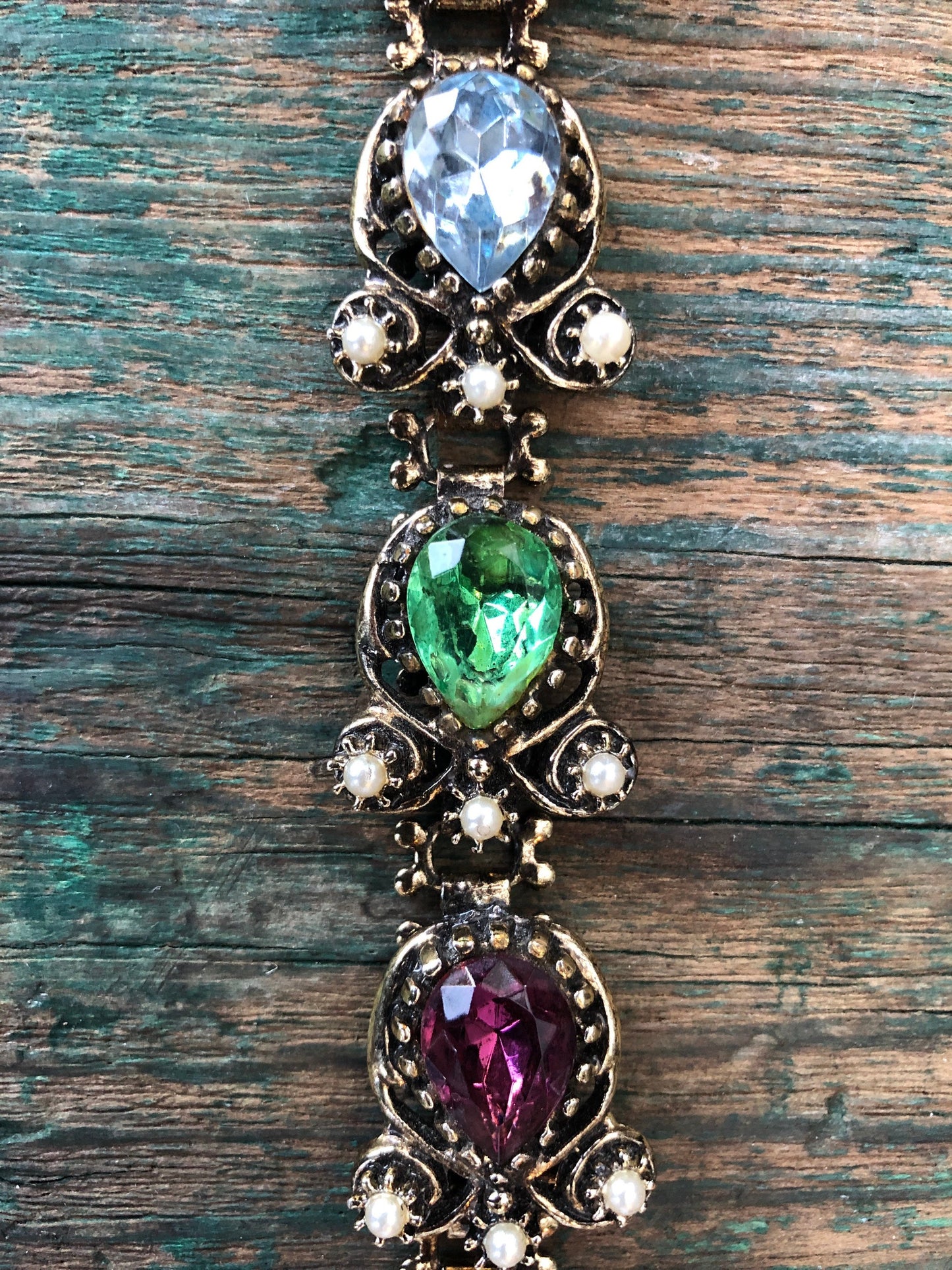 Belle Epoque Fruit Salad Book Chain Bracelet with Pear Faceted Peridot, Amethyst, Aquamarine, Citrine & Emerald Art Glass