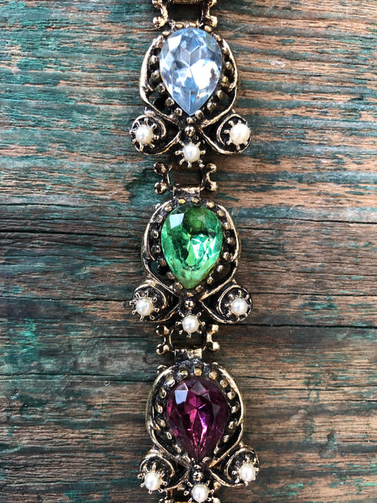 Belle Epoque Fruit Salad Book Chain Bracelet with Pear Faceted Peridot, Amethyst, Aquamarine, Citrine & Emerald Art Glass