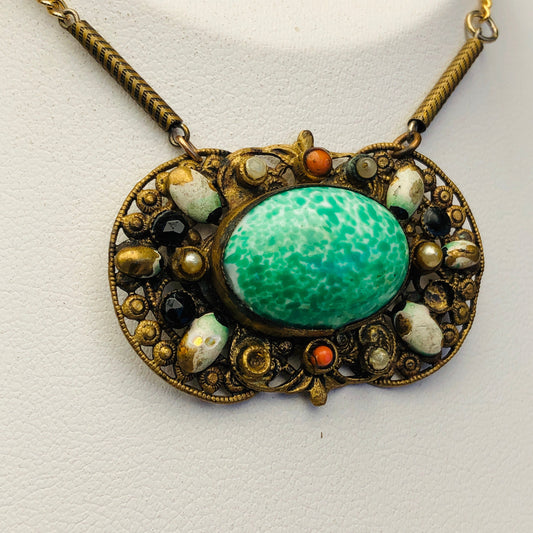 Art Nouveau Brass Filigree Peking Art Glass Unique Necklace