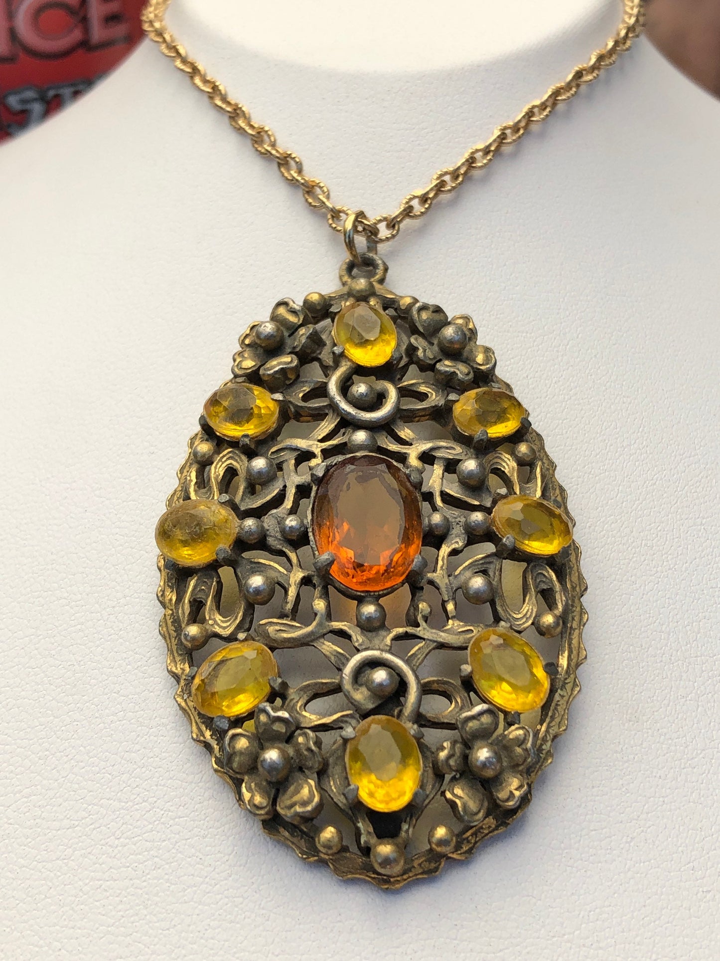 Art Nouveau Brass Citrine Yellow and Orange Crystal Pendant Necklace