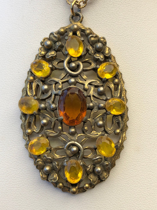 Art Nouveau Brass Citrine Yellow and Orange Crystal Pendant Necklace