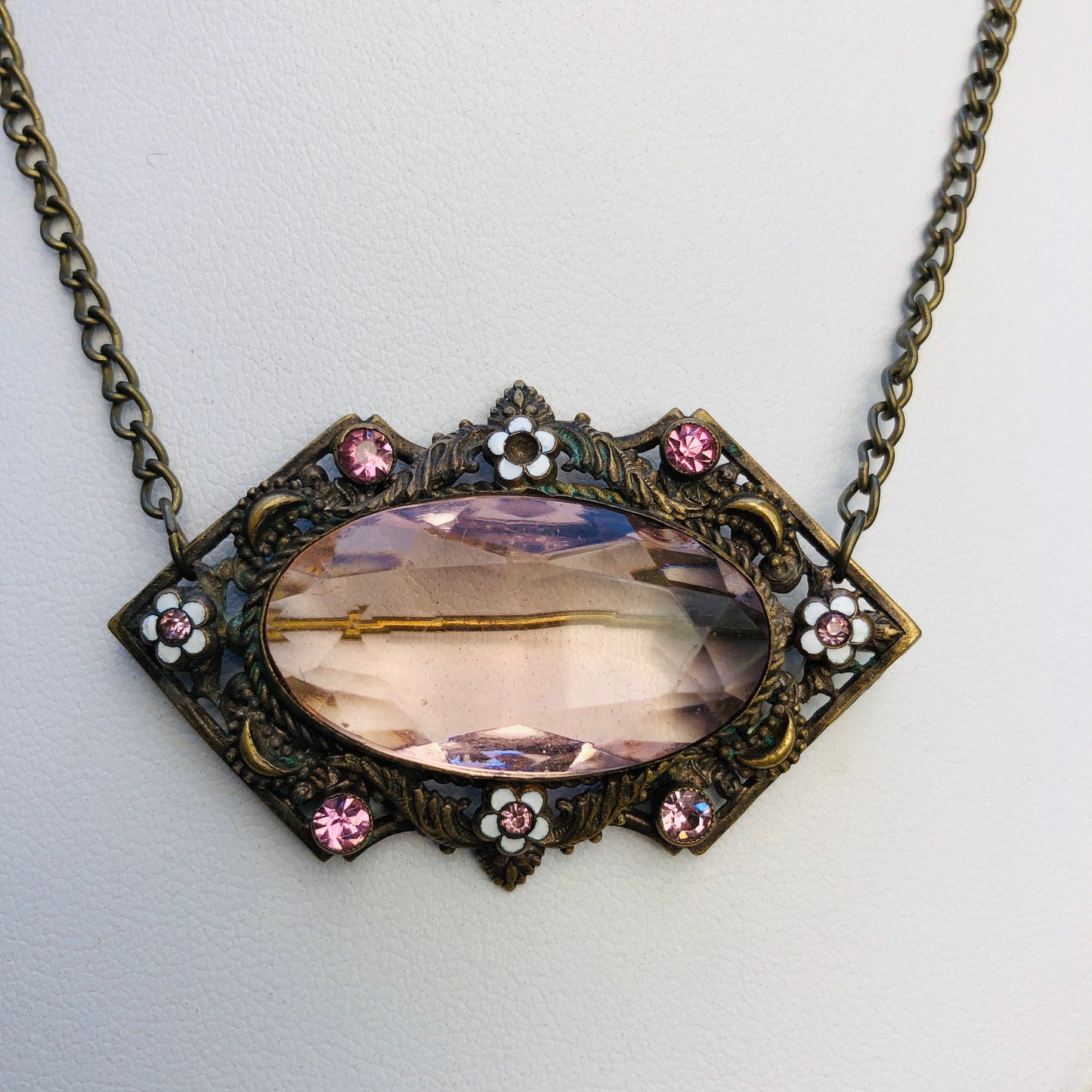 Czechoslovakian Brass Enamel & Pink Faceted Art Glass Brooch / Necklace Pendant