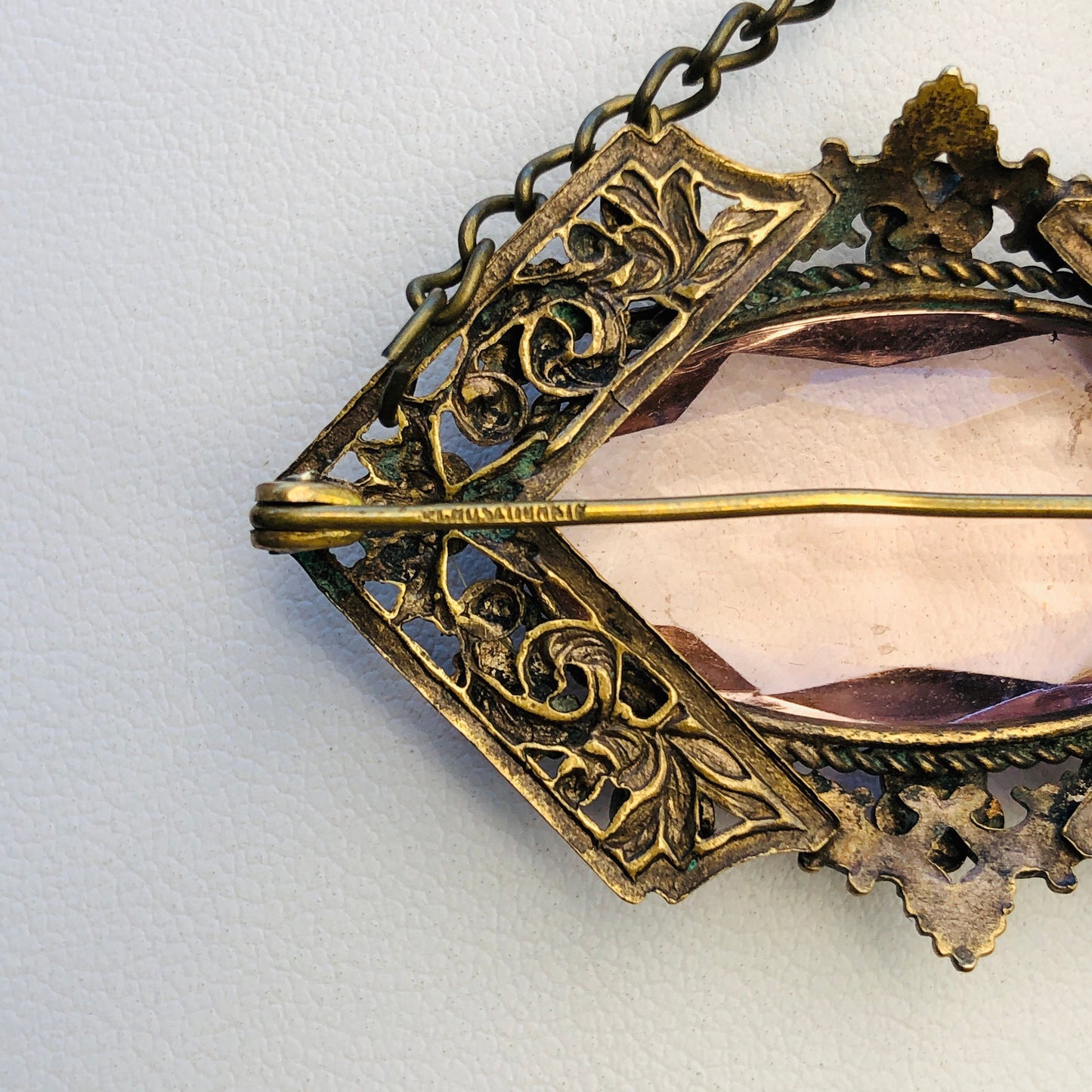 Czechoslovakian Brass Enamel & Pink Faceted Art Glass Brooch / Necklace Pendant