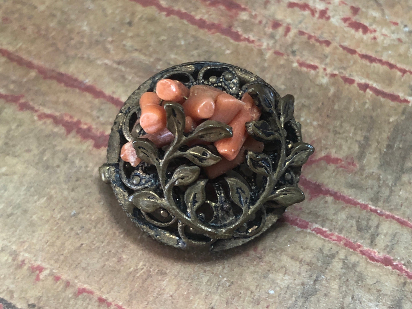 Antique Victorian Brass Filigree Brooch with Genuine Natural pink Coral branches