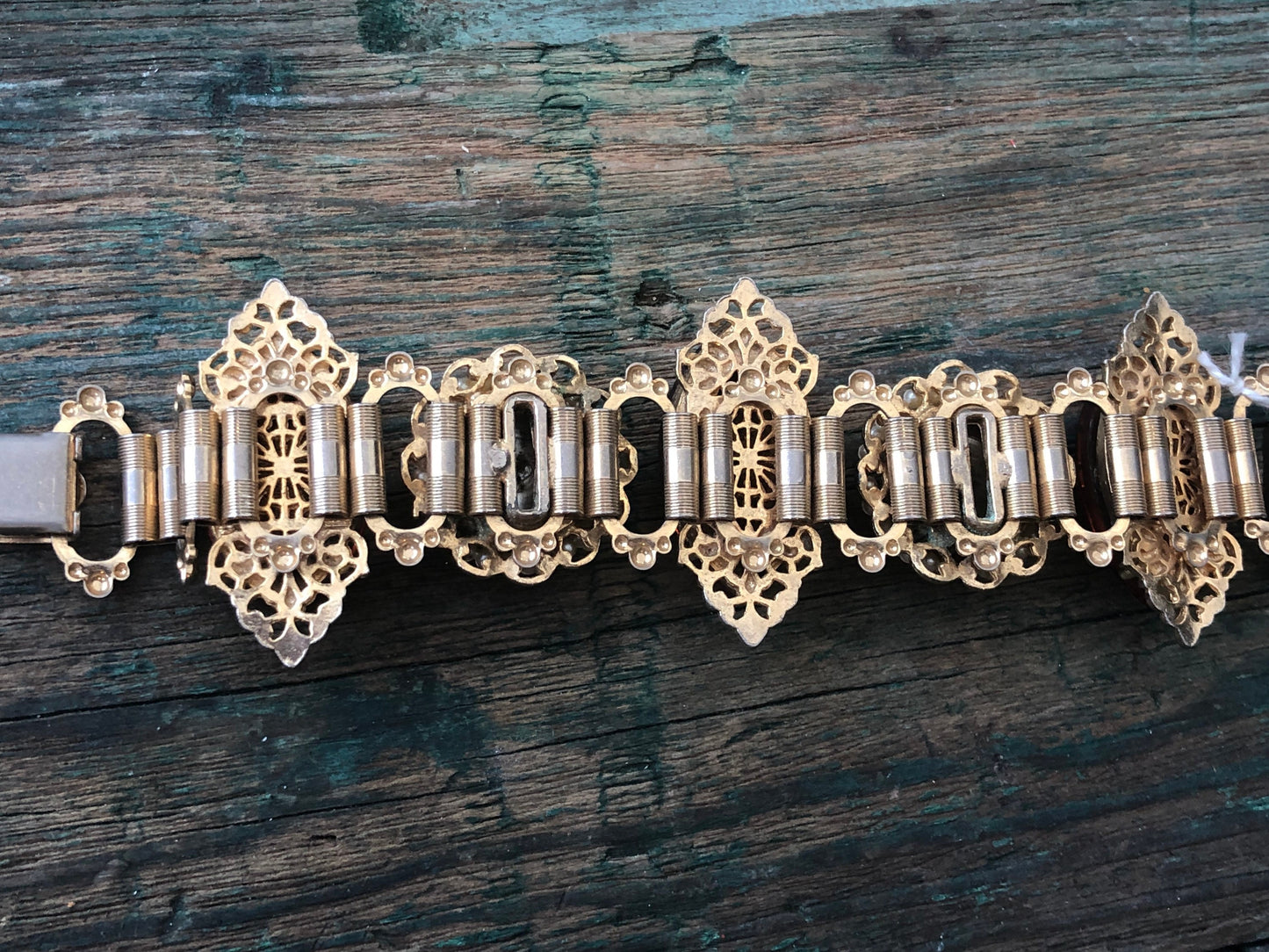 Vintage Antique Carved Gilded Gold Citrine & Giant Faux Pearl Victorian Bookchain Bracelet